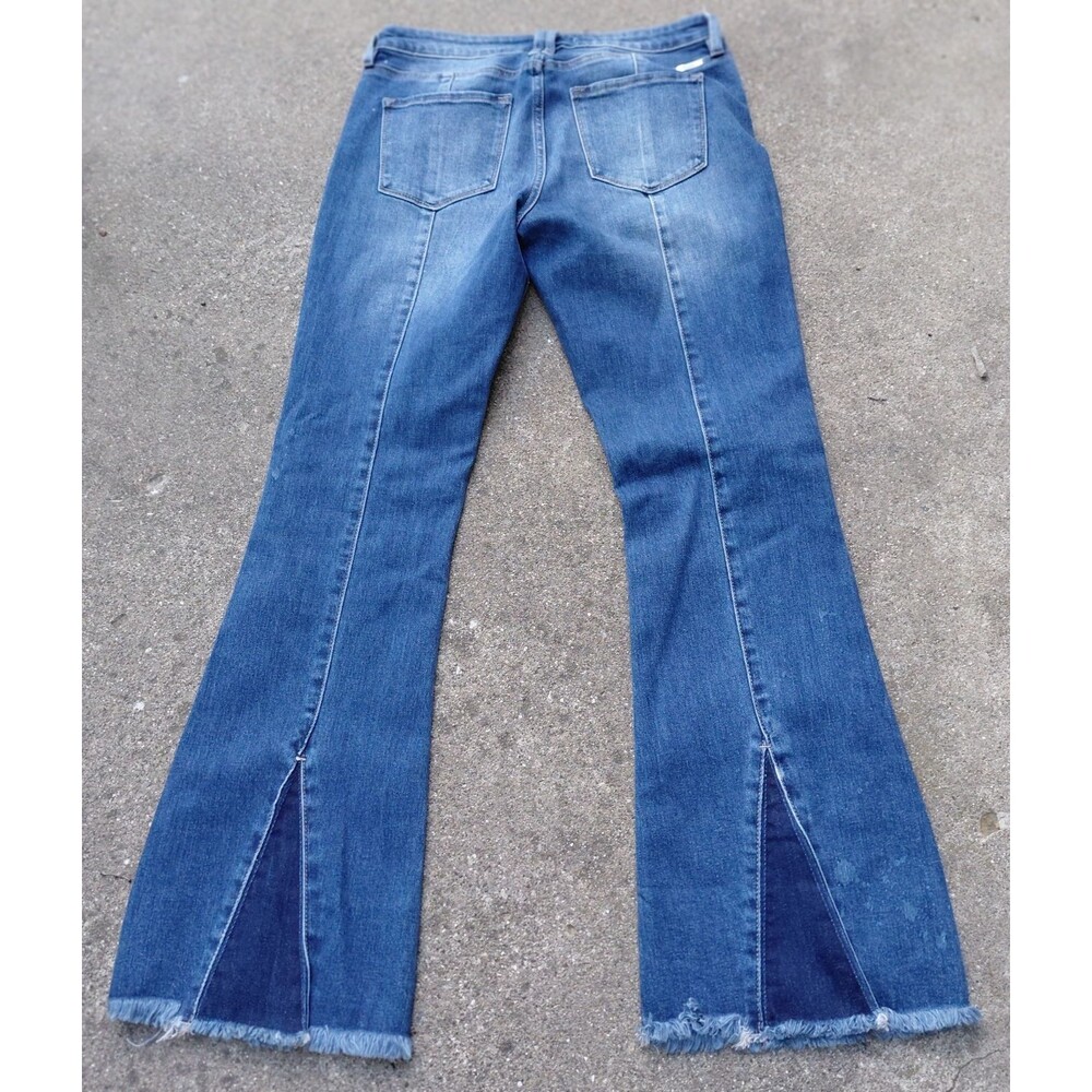 KanCan Bell Bottom Jeans Womens 30 Blue Denim Back Seam Split Hem Frayed